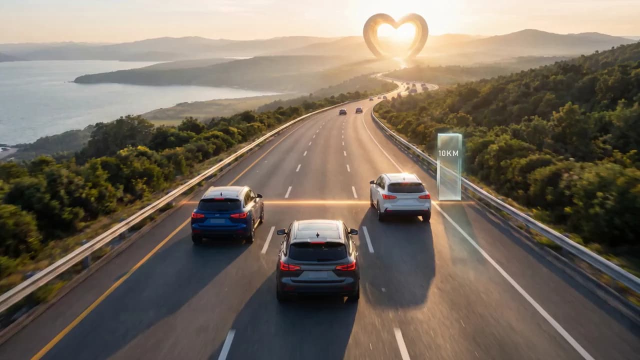 A coastal highway at sunrise, with vehicles travelling toward a glowing heart on the horizon.